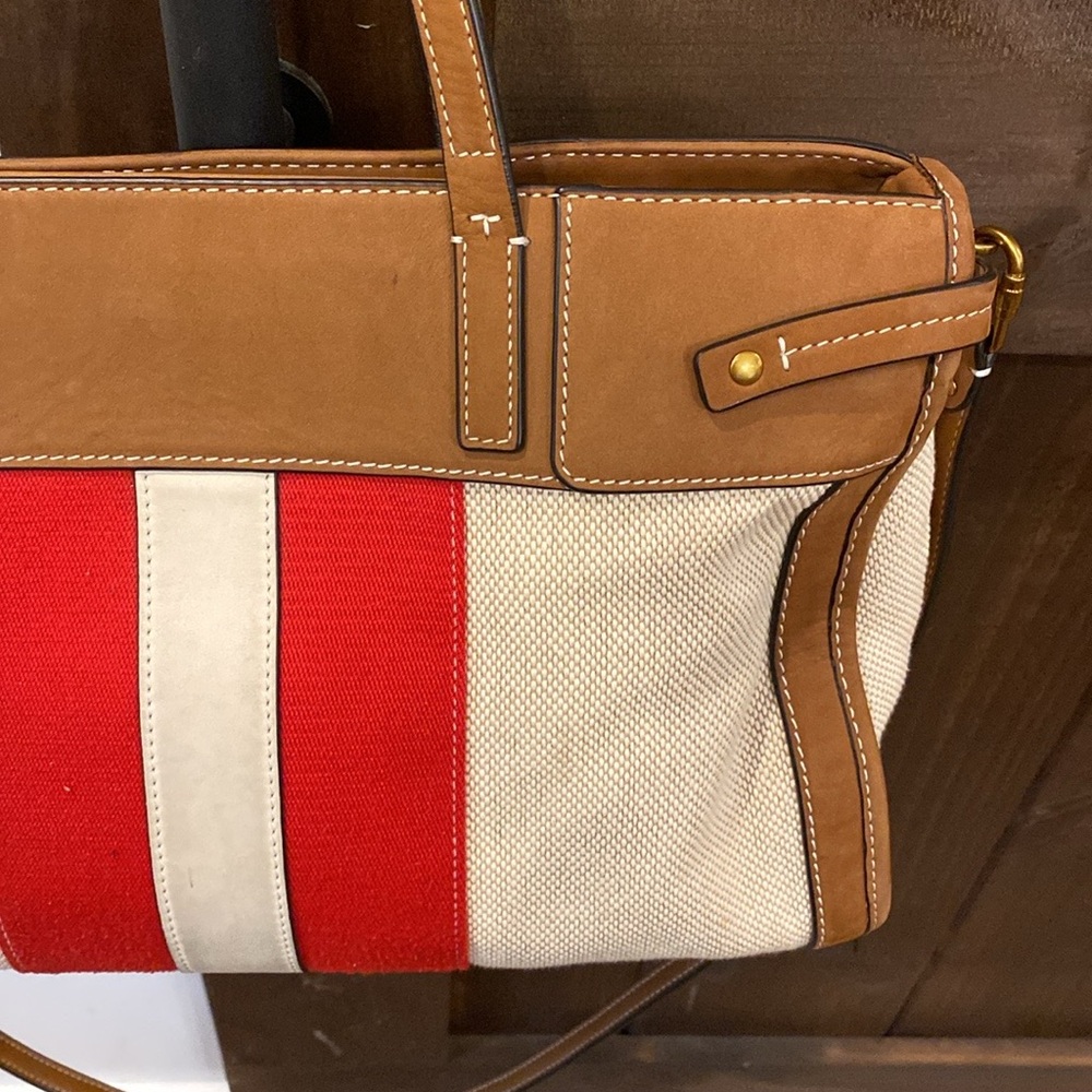 Tory Burch Canvas & Suede Center Stripe Satchel in Natural New Ivory Nut - Picture 7 of 16